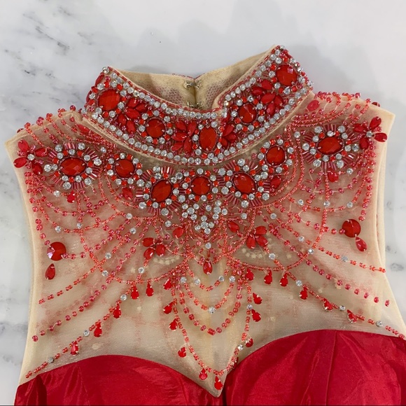 Red Open Back Illusion Prom Dress Pageant Gown - Picture 2 of 8